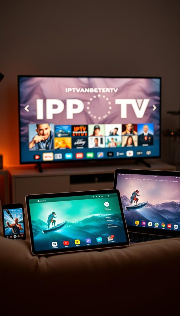 A high-quality, ultra-realistic image of IPTVANBIETERTV streaming service displayed on a variety of modern electronic devices, including a smart TV, tablet, smartphone, and laptop. The devices are arranged in a visually appealing layout, showcasing the multiplatform compatibility of the IPTV service. The devices feature sharp, detailed displays with vibrant colors and realistic textures, illuminated by warm, natural lighting that creates a cozy, inviting atmosphere. The overall composition highlights the convenience and flexibility of accessing IPTVANBIETERTV content across different screens, seamlessly integrated into a modern, tech-savvy lifestyle.