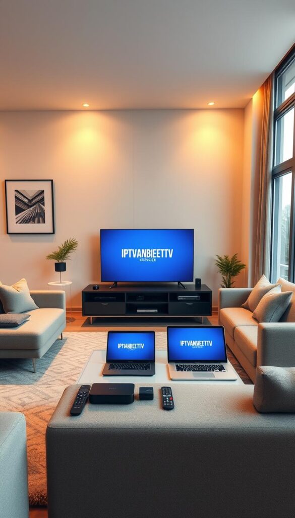 A high-quality, ultra-realistic image of a cozy living room showcasing various IPTV service options. The room features a large, comfortable sofa, a sleek, modern TV stand, and a stylish coffee table. On the TV stand, there is a laptop displaying the "IPTVANBIETERTV" brand logo, along with various remote controls and streaming devices. The lighting is warm and inviting, with a combination of soft, natural light from large windows and subtle ambient lighting. The walls are adorned with minimalist artwork, adding to the sophisticated atmosphere. The overall scene conveys a sense of relaxation and informed decision-making for the viewer, who is considering the best IPTV service to purchase.