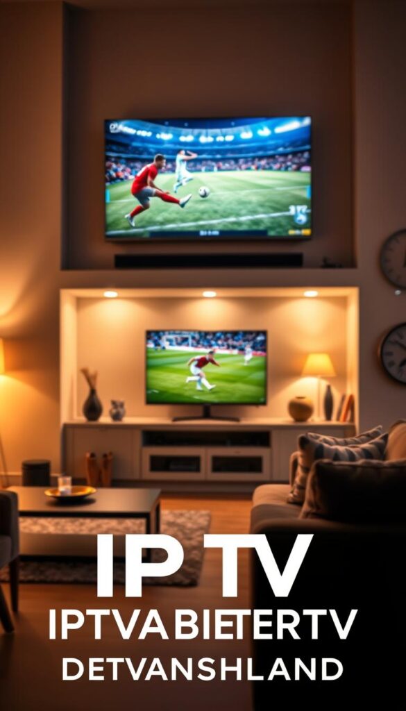 A high-quality, ultra-realistic image of the IPTV Deutschland concept. The foreground shows the IPTVANBIETERTV brand logo, sleek and modern in design, prominently displayed. The middle ground features a living room setup with a large, flat-screen TV displaying a crisp, high-definition sports broadcast. The background showcases a cozy, well-lit interior with warm, ambient lighting and tasteful decor, conveying a sense of comfort and entertainment. The overall composition should evoke a sophisticated, technology-driven, and visually appealing IPTV experience tailored for the German market.