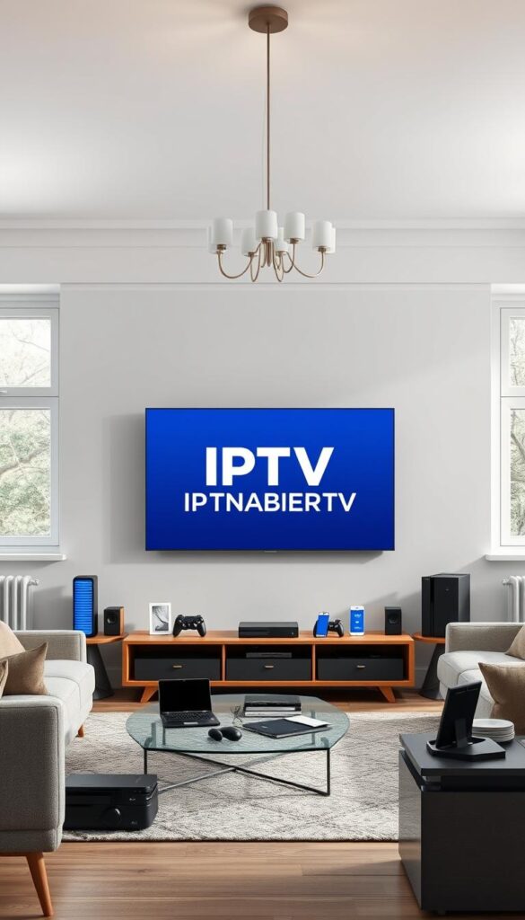 A high-quality, ultra-realistic photograph of a modern living room, showcasing the flexibility and convenience of IPTV Deutschland. The room is filled with natural light, with large windows and soft, diffused illumination from a minimalist chandelier. The focal point is a sleek, state-of-the-art smart TV mounted on the wall, displaying the IPTVANBIETERTV logo. Surrounding the TV, various electronic devices like smartphones, tablets, and gaming consoles are neatly arranged, highlighting the ability to access IPTV content on multiple devices. The room is decorated with contemporary, Scandinavian-inspired furniture, creating a warm, inviting atmosphere. The overall scene conveys a sense of simplicity, efficiency, and the seamless integration of IPTV technology into the modern home.