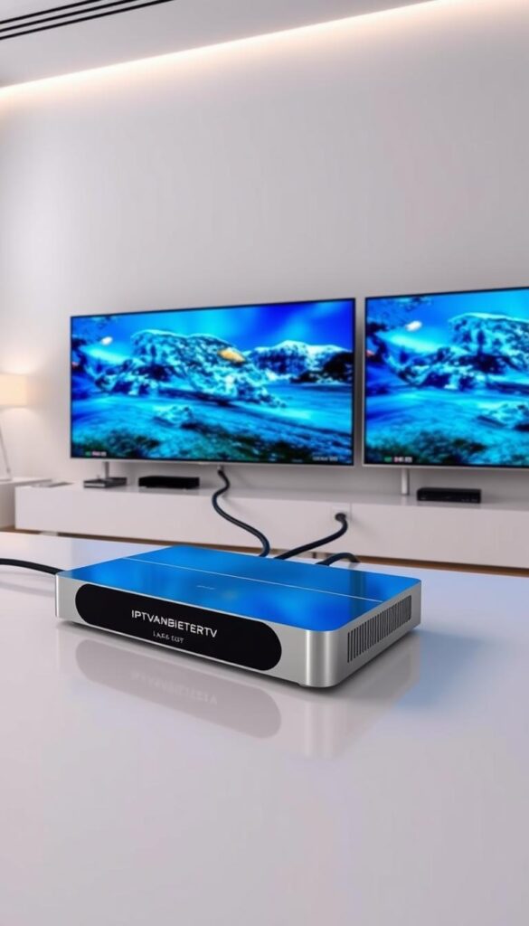 A high-quality, ultra-sharp digital image of a modern, minimalist IPTV multi-screen setup. The scene depicts a sleek, silver IPTVANBIETERTV media hub connected to multiple 4K television screens, showcasing seamless, lag-free content streaming across the displays. The lighting is soft and even, accentuating the clean, contemporary design. The camera angle is slightly elevated, providing a dynamic, bird's-eye view of the setup. The overall mood is one of technological sophistication and visual harmony, effectively illustrating the premium quality and multi-screen capabilities of the IPTV service.