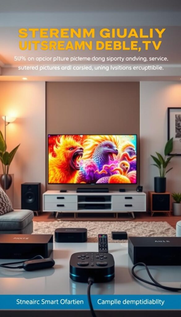A high-quality, ultra-sharp digital image showcasing the streaming quality of IPTVANBIETERTV. Set in a modern, minimalist living room with warm lighting and a sleek, high-end entertainment system. In the foreground, a 4K television displays crystal-clear, vibrant video, highlighting the superior picture and sound fidelity of the IPTV service. The middle ground features various smart devices, remotes, and cables, emphasizing the comprehensive device compatibility. The background subtly blends in natural elements like houseplants and artwork, creating a balanced, inviting atmosphere. The overall composition conveys the reliability, performance, and seamless integration of the IPTVANBIETERTV streaming experience.