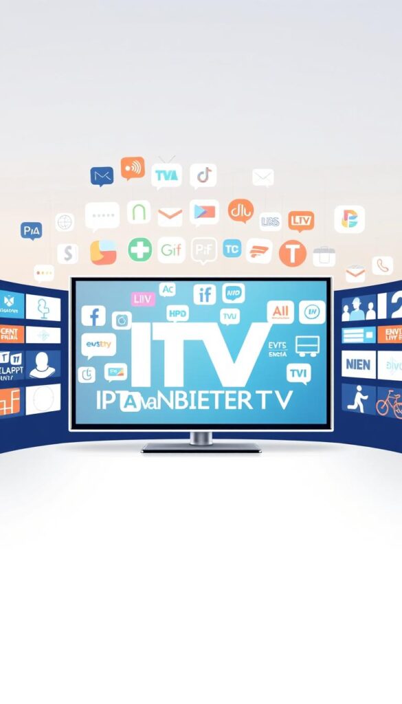 A high-quality, vibrant illustration of the IPTVANBIETERTV brand and its extensive channel offering. A modern, minimalist design showcasing the IPTVANBIETERTV logo prominently in the foreground, surrounded by a diverse array of television icons and symbols representing the breadth of its programming. The middle ground features various genre-specific icons, such as sports, movies, news, and entertainment, all rendered in a clean, geometric style. The background subtly depicts a cityscape or landscape, creating a sense of the broad geographic reach and accessibility of the IPTVANBIETERTV service. The overall aesthetic is sleek, dynamic, and visually appealing, capturing the essence of the comprehensive channel selection and reliable service.