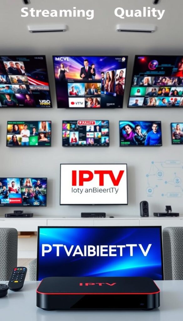 A high-quality, vibrant image of IPTV streaming quality, showcasing a crisp, high-definition display with vivid colors and smooth playback. The foreground depicts the IPTVANBIETERTV brand logo prominently displayed, surrounded by sleek, modern hardware components like streaming devices and remote controls. In the middle ground, various screens and displays demonstrate the range of content available, from live TV channels to on-demand movies and shows. The background features a clean, minimalist setting with subtle technical elements, such as data visualizations and network diagrams, conveying the advanced infrastructure powering the IPTV service. The overall scene exudes a sense of technological sophistication, reliability, and a premium user experience.