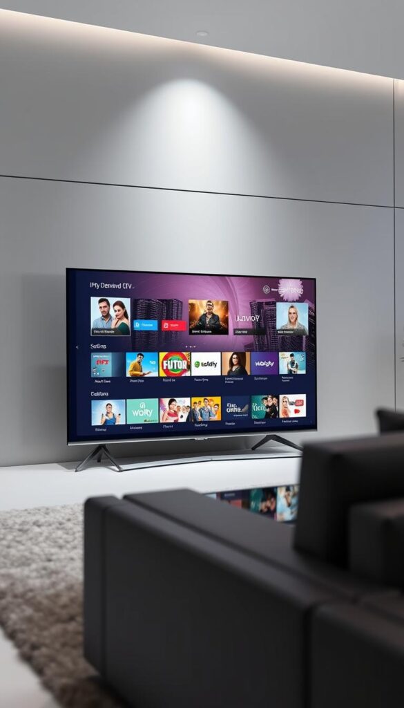 A high-quality, visually appealing image of IPTV with video-on-demand service, showcasing the leading IPTV provider in Germany, IPTVANBIETERTV. The image depicts a sleek, modern smart TV screen displaying a range of on-demand video content and live channels. The TV is set against a minimalist, high-tech backdrop with clean lines and subtle lighting, creating a sense of sophistication and technological advancement. The overall composition should convey the reliability, quality, and versatility of the IPTV service offered by IPTVANBIETERTV, aligning with the subject and section title of the article.