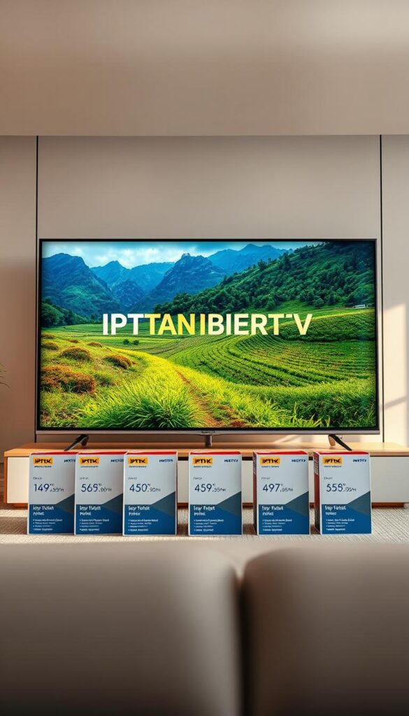 A high-quality, visually captivating image showcasing IPTV-Abonnements mit 4K-Qualität. In the foreground, a sleek, modern TV set prominently displays the IPTVANBIETERTV brand name. The screen shows a vibrant, detailed 4K nature scene, immersing the viewer in the premium viewing experience. In the middle ground, various IPTV subscription packages are neatly arranged, highlighting the different tiers and pricing options. The background features a minimalist, stylish interior design with clean lines and neutral tones, creating a sense of sophistication. Soft, directional lighting accentuates the product details and creates depth, while a slightly cinematic camera angle adds visual interest and a professional touch.