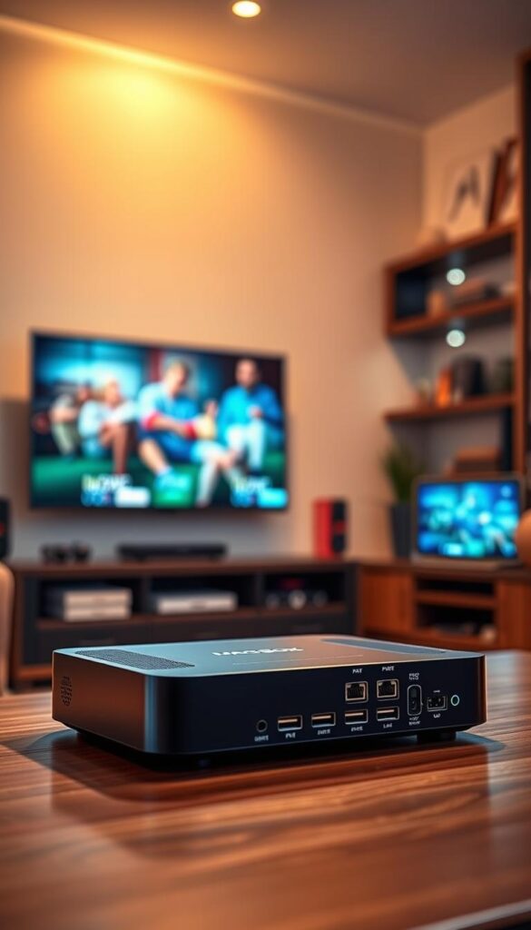 A high-quality, visually striking image of the MAG-Box IPTV options. The image should feature a sleek, modern MAG-Box device prominently displayed in the foreground, showcasing its various connection ports and buttons. The background should depict a cozy living room setting, with a flatscreen TV and various home entertainment equipment visible, conveying a sense of a comprehensive home media setup. The lighting should be warm and inviting, with subtle shadows and highlights to add depth and dimension. The overall mood should be one of sophistication and technological prowess, reflecting the premium nature of the IPTVANBIETERTV service. The image should be shot from a slightly low angle, giving the MAG-Box a sense of importance and authority.