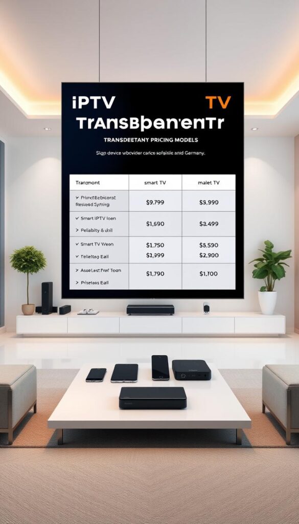 A high-quality, visually striking image showcasing the transparent pricing models of IPTVANBIETERTV. Set in a modern, minimalist interior with clean lines and a neutral color palette, the foreground features a sleek, floating display board presenting the various IPTV subscription tiers and their corresponding prices. The middle ground depicts a group of devices, such as smartphones, tablets, and smart TVs, representing the wide device compatibility of the IPTVANBIETERTV service. The background subtly hints at the brand's commitment to reliability and accessibility, with a soft, diffused lighting and a sense of spaciousness. The overall composition and attention to detail convey a sense of professionalism, trust, and user-centric design, aligning with the article's focus on IPTVANBIETERTV as a leading IPTV provider in Germany.