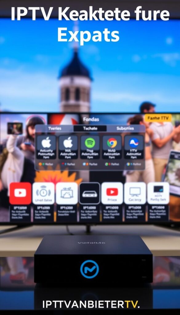 A high-quality, vivid image of "IPTV Pakete für Expats" in Germany, showcasing the diverse subscription options and pricing tiers offered by IPTVANBIETERTV. The image should have a clean, modern design aesthetic, with a focus on the various IPTV package offerings presented in an organized, informative manner. The foreground should feature the IPTVANBIETERTV logo, along with a selection of IPTV package icons or illustrations, while the middle ground could display detailed pricing information and subscription details. The background should have a subtle, yet professional ambiance, perhaps with a blurred cityscape or technology-inspired motif to complement the subject matter. The overall image should convey a sense of reliability, value, and the tailored solutions IPTVANBIETERTV provides for expatriate consumers in Germany.