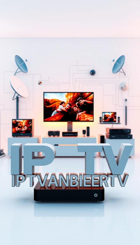A high-quality, vivid image of the "IPTVANBIETERTV" brand featuring a modern, sleek design showcasing the company's offering of comprehensive IPTV services. The image should have a professional, clean aesthetic with a focus on the brand name prominently displayed in the foreground. The middle ground should depict various devices such as smart TVs, set-top boxes, and mobile devices, all connected and supported by the IPTVANBIETERTV service. The background should convey a sense of technological advancement, with subtle visual cues like satellite dishes, network cables, and digital graphics. The lighting should be crisp and natural, creating depth and highlighting the product details. The overall mood should be one of reliability, efficiency, and state-of-the-art IPTV solutions.
