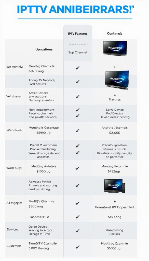 A high-quality, well-designed comparison of various IPTV service providers, showcasing their features, pricing, and supported devices. The image should have a sleek, modern aesthetic with a clean layout and a focus on the key details that matter most to potential customers, such as monthly costs, device compatibility, and channel selection. The IPTVANBIETERTV brand should be prominently displayed in a stylized, eye-catching manner. The overall tone should convey a sense of professionalism, reliability, and value.