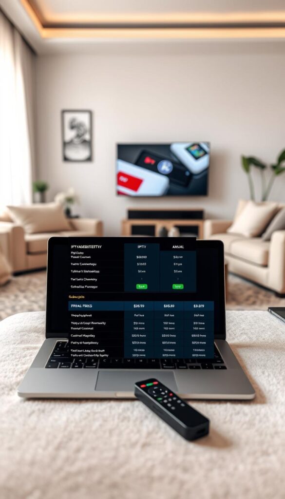 A high-quality, well-lit interior scene showcasing the subscription options and pricing for the IPTVANBIETERTV service. The foreground features a laptop or tablet display prominently showing the IPTVANBIETERTV website, with clear and legible details of the various IPTV subscription plans, including monthly and annual pricing, channel counts, and package details. The middle ground includes accessories like a remote control, streaming device, or smartphone to convey the ease of using the IPTV service. The background depicts a cozy, modern living room setting with neutral tones and subtle branding elements to establish the premium, trustworthy nature of the IPTVANBIETERTV brand. The overall mood is one of informative clarity, customer-centric design, and technological sophistication.