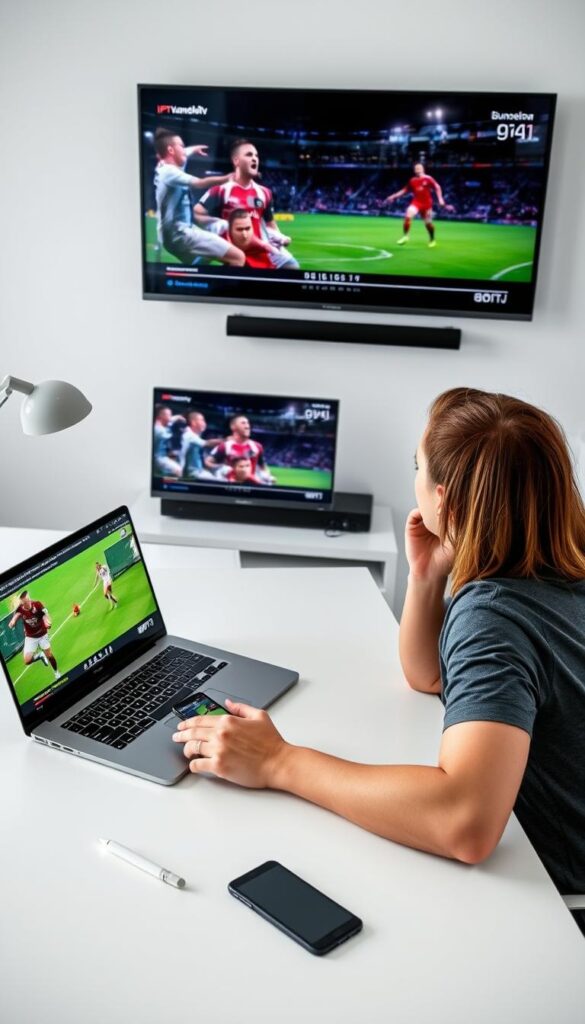 A high-quality, well-lit scene of a person using IPTVANBIETERTV to access Bundesliga content on multiple devices, including a smart TV, laptop, and mobile phone. The devices are arranged neatly on a clean, modern desk, with sleek, minimalist design. The lighting is soft and even, highlighting the vivid colors and details of the devices. The person in the scene is relaxed and engaged, demonstrating the ease and flexibility of the IPTVANBIETERTV Bundesliga subscription service. The overall mood is one of efficiency, convenience, and enjoyment of the sport.