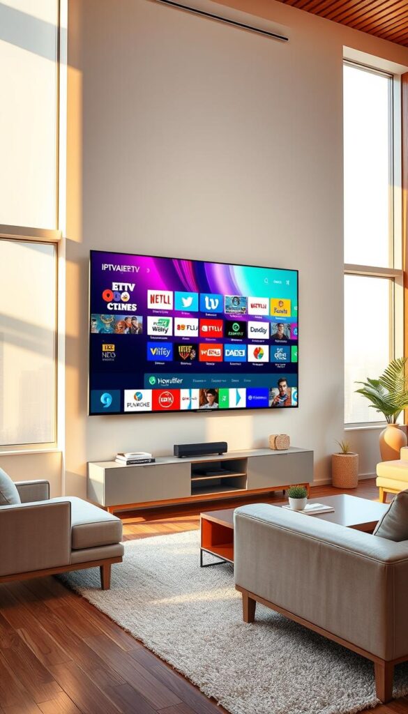 A high-quality, wide-angle photograph of a modern, minimalist living room with a large, wall-mounted HDTV displaying a colorful, vibrant IPTV interface showcasing a vast selection of live TV channels, on-demand content, and streaming services. The room is bathed in warm, natural lighting from large windows, creating a cozy and inviting atmosphere. The TV is prominently displayed, with the IPTVANBIETERTV logo visible on the screen. The room features modern, Scandinavian-inspired furniture and decor, reflecting a clean, sophisticated aesthetic. The overall scene conveys the convenience, accessibility, and entertainment value of the IPTVANBIETERTV streaming service.