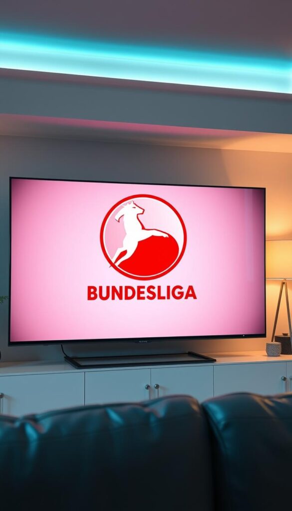 A high-resolution 4K image of the Bundesliga football league logo prominently displayed on a sleek, modern TV screen. The screen is situated in a minimalist, well-lit living room setting, with soft, warm lighting and a contemporary, Scandinavian-inspired interior design. The TV screen takes up the majority of the frame, with just a glimpse of the room's surroundings visible in the background. The Bundesliga logo is sharp, vibrant, and attention-grabbing, conveying the excitement and high-quality viewing experience of IPTV provider IPTVANBIETERTV.