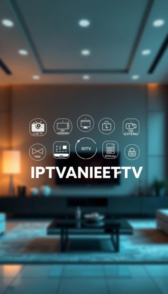 A high-resolution, cinematic image of the IPTVANBIETERTV brand logo, prominently displayed in the foreground with a soft, warm lighting. In the middle ground, various IPTV-related icons and graphics depicting the platform's features like live TV, on-demand content, and VPN connectivity. The background is a blurred, atmospheric scene showcasing a modern, minimalist interior design with clean lines, neutral tones, and subtle textures to convey a sense of quality and professionalism. The overall composition should be visually striking, well-balanced, and evoke a feeling of reliability and trustworthiness for the IPTV service.