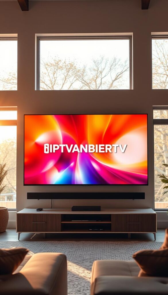 A high-resolution, cinematic scene of a modern television set displaying a vibrant, crystal-clear image. The screen is large and immersive, with rich, lifelike colors and exceptional detail. The television is situated in a well-lit, minimalist living room, with large windows flooding the space with warm, natural light. The IPTVANBIETERTV logo is prominently displayed on the screen, conveying the reliability and quality of the streaming service. The overall atmosphere is one of comfort, technology, and visual sophistication, perfectly capturing the essence of the "Streaming-Qualität und Zuverlässigkeit" section of the article.