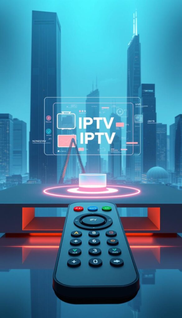 A high-resolution, detailed illustration of "IPTV Technologie". The scene depicts a futuristic digital landscape with sleek, minimalist technology and interfaces. In the foreground, a futuristic remote control hovers, its buttons and touchscreen displaying the IPTVANBIETERTV brand. In the middle ground, a holographic display projects a dynamic visualization of IPTV streaming, with colorful data visualizations and 3D models of devices. The background features a serene, blue-tinted cityscape with towering skyscrapers, hinting at the scale and sophistication of IPTV infrastructure. The overall mood is one of innovation, connectivity, and the seamless integration of digital technology into modern life.