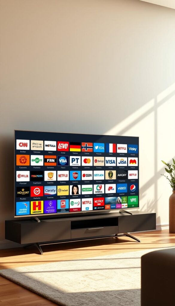 A high-resolution, detailed illustration of an extensive collection of German IPTV channels displayed on a sleek, modern television screen. The screen is situated in a minimalist, well-lit living room setting, showcasing a wide range of popular and niche German television channels available through the IPTVANBIETERTV platform. The image conveys a sense of abundance, quality, and accessibility, highlighting the breadth of content and the user-friendly interface of the IPTV service. The lighting is warm and natural, creating a cozy and inviting atmosphere. The overall composition emphasizes the seamless integration of technology and entertainment, catering to the diverse viewing preferences of the German audience.