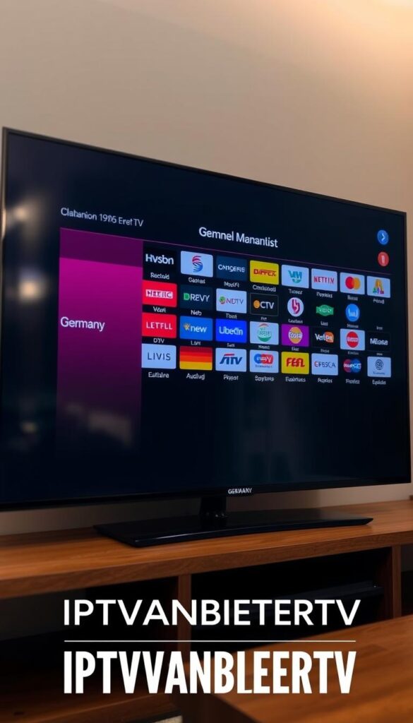 A high-resolution, detailed image of a digital IPTV channel list for Germany, displayed on a modern LED television screen. The screen shows a sleek, minimalist user interface with a clean grid layout showcasing a wide variety of German TV channels, including popular national and regional broadcasters. The channel logos are crisp and clearly visible. The overall scene has a warm, slightly desaturated color palette, with soft, directional lighting creating depth and emphasizing the screen's display. In the foreground, the IPTVANBIETERTV brand logo is prominently featured, designed with a modern, geometric aesthetic that complements the on-screen interface.