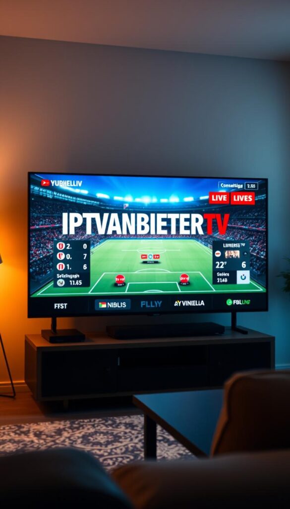 A high-resolution, detailed image of a modern sports streaming service interface featuring the brand name "IPTVANBIETERTV" prominently displayed. The interface showcases the Bundesliga football league matches, with dynamic graphics, live scores, and a sleek, minimalist design. The scene is bathed in a warm, cinematic lighting that creates a sense of immersion and excitement. The composition places the interface in the foreground, with a blurred background suggesting a contemporary, tech-savvy living room setting. The overall aesthetic conveys the revolutionary nature of this new way of experiencing the Bundesliga in Germany.