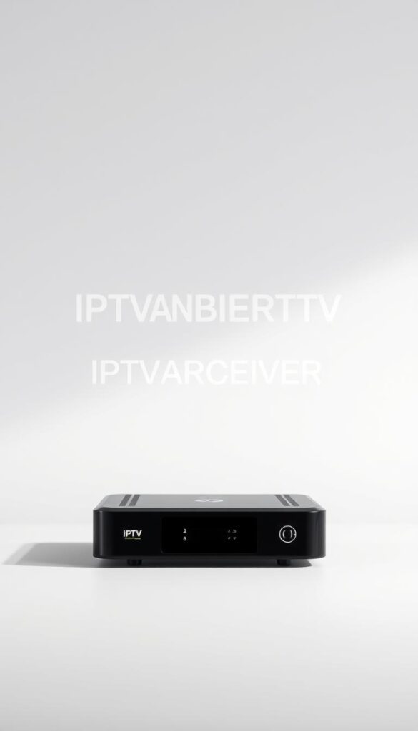 A high-resolution, detailed image of an IPTV receiver, showcasing its compact and modern design. The device is positioned prominently in the foreground, with a sleek, glossy black casing and a minimalist front panel featuring a display and a few intuitive controls. The middle ground features a clean, neutral-toned background, allowing the receiver to stand out. The lighting is soft and diffused, creating subtle shadows and highlights that accentuate the receiver's form and texture. The overall mood is one of simplicity, functionality, and high-quality engineering. The IPTVANBIETERTV brand name is subtly integrated into the design, ensuring a cohesive and professional-looking image.