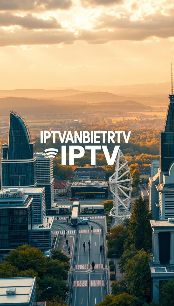 A high-resolution digital illustration depicting the legal status of IPTV in Germany. In the foreground, the prominent "IPTVANBIETERTV" logo hovers over a cityscape of modern German architecture, with sleek, glass-fronted skyscrapers and efficient public transportation. The midground features citizens casually streaming content on various devices, while the background showcases the bustling German landscape, rolling hills, and dense forests. The overall scene conveys a sense of technological progress and legal compliance, with a warm, golden lighting that creates a sense of stability and professionalism. The image should be captured from a slightly elevated, bird's-eye perspective to emphasize the urban setting and the scale of the IPTV industry within Germany.