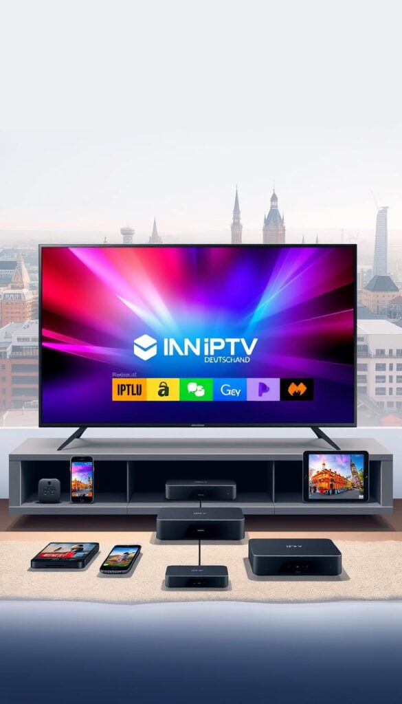 A high-resolution digital illustration of "IPTV Deutschland" featuring a modern, sleek user interface. The foreground shows a smart TV screen displaying a vibrant, interactive IPTV platform with the brand name "IPTVANBIETERTV" prominently displayed. The middle ground depicts a range of devices, including smartphones, tablets, and streaming boxes, connected to the IPTV system. The background showcases a cityscape of Germany, with iconic landmarks and a serene atmosphere. The lighting is soft and natural, creating a welcoming and informative ambiance. The overall composition conveys the accessibility, flexibility, and reliability of IPTV in Germany.
