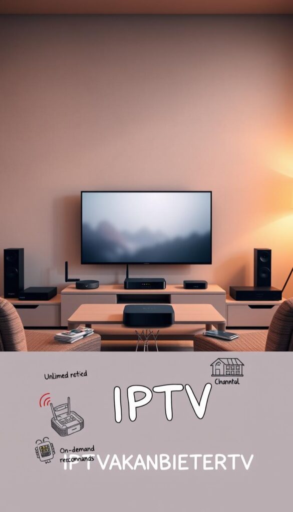 A high-resolution, digitally rendered image of an IPTV (Internet Protocol Television) setup, showcasing its advantages over traditional TV services. The scene depicts a modern living room with a large, state-of-the-art flat-screen TV mounted on the wall. Surrounding the TV are various connected devices, such as a streaming box, a wireless router, and a smart home hub, all working together to provide a seamless IPTV experience. The room is bathed in warm, soft lighting, creating a cozy and inviting atmosphere. In the foreground, a hand-drawn infographic highlights the key benefits of IPTV, including unlimited channel selection, on-demand content, and personalized recommendations. The IPTVANBIETERTV brand logo is prominently displayed in the bottom right corner of the image.