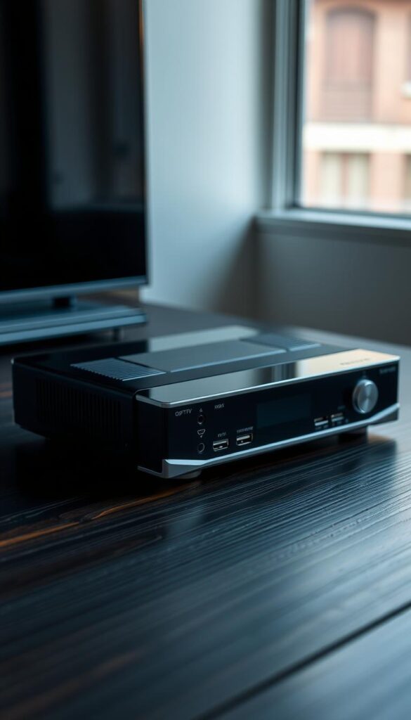 A high-resolution image of an IPTV receiver device sitting on a dark wooden surface. The receiver has a sleek, modern design with a glossy black finish and silver accents. The front panel features various input/output ports and buttons, showcasing its connectivity options. The image is well-lit, with a combination of soft, directional lighting from the side and subtle ambient lighting, creating depth and highlighting the product's details. The background is slightly blurred, emphasizing the IPTV receiver as the main focus. The overall composition and lighting evoke a sense of premium quality and technological sophistication, suitable for illustrating the "Unterstützte Geräte für Ihr IPTV-Erlebnis mit iptvanbietertv.com" section of the article.