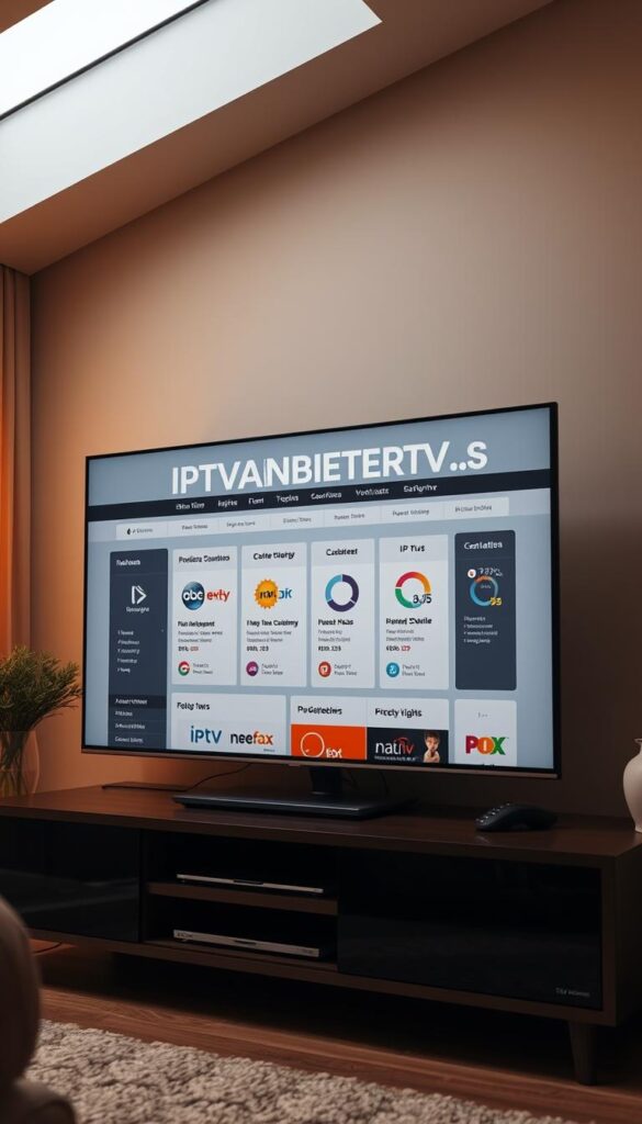 A high-resolution, photo-realistic image of "IPTV Anbieter Vergleich" showing a modern, minimalist website interface. The screen displays the brand name "IPTVANBIETERTV" prominently in the center, with informative graphics and charts comparing various IPTV service providers. The layout is clean and uncluttered, with intuitive navigation menus. Warm, natural lighting illuminates the scene, creating a welcoming atmosphere. The overall impression conveys authority, professionalism, and a comprehensive resource for finding the best IPTV provider in Germany.