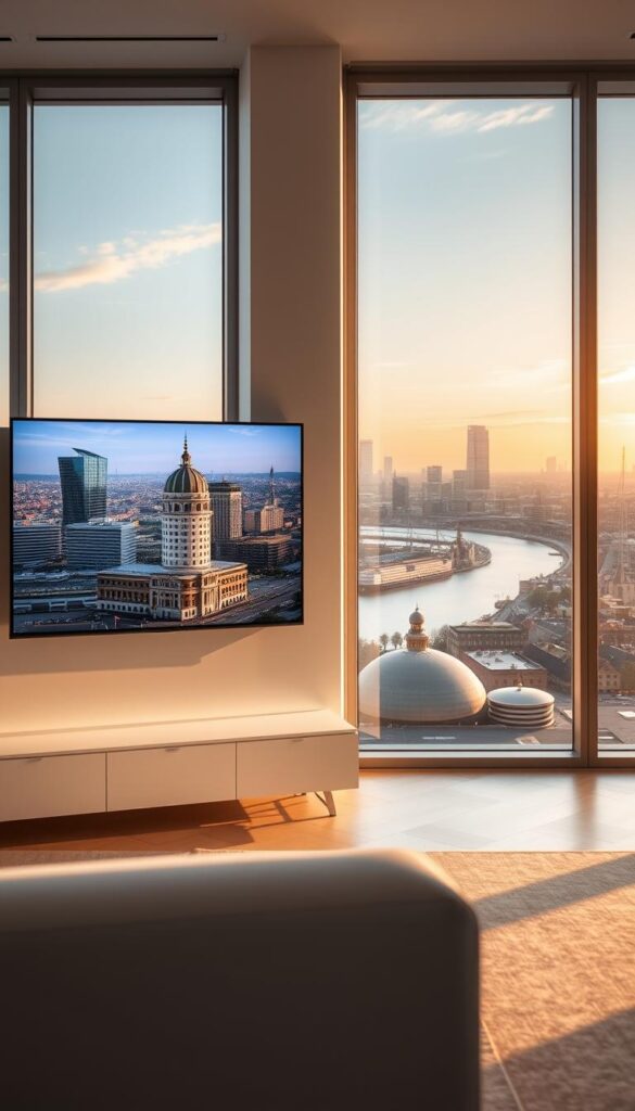 A high-resolution photograph of a modern, minimalist living room interior with large windows overlooking a bustling cityscape of Hamburg, Germany. In the foreground, a sleek, wall-mounted IPTVANBIETERTV display showcases a vibrant, crisp image of the city's iconic landmarks, including the Elbphilharmonie and Speicherstadt. Soft, diffused lighting illuminates the room, creating a warm and inviting atmosphere. The middle ground features a modern, streamlined entertainment system, while the background is filled with the dynamic skyline of Hamburg, bathed in the golden hues of the setting sun. The overall scene conveys the revolution of digital television, blending cutting-edge technology with the timeless charm of the historic city.