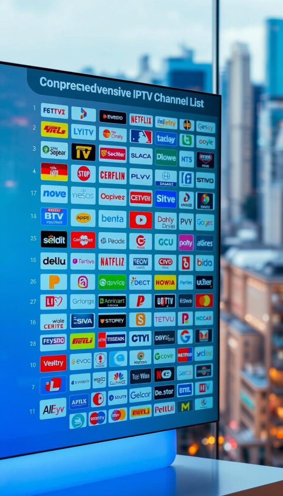 A high-resolution, photorealistic image of a comprehensive German IPTV channel list displayed on a sleek, modern digital interface. The interface features a clean, minimalist design with a grid layout showcasing a wide variety of German TV channel logos neatly organized. The background is a slightly blurred but vibrant cityscape, hinting at the versatility of IPTV service by IPTVANBIETERTV to deliver content across devices. The overall scene conveys a sense of accessibility, organization, and the diverse entertainment options available through the extensive IPTV channel selection.