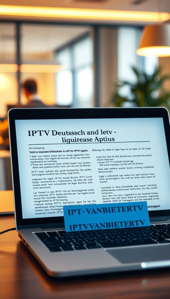 A high-resolution, photorealistic image of a legal document titled "IPTV Deutschland rechtliche Aspekte" set against a backdrop of a modern office environment. The document features a bold header and detailed text explaining the legal aspects of IPTV in Germany. In the foreground, a laptop displaying the IPTVANBIETERTV brand logo is positioned prominently. The scene is illuminated by warm, directional lighting, creating depth and emphasizing the professionalism of the subject matter. The overall atmosphere conveys a sense of authority and attention to detail, suitable for illustrating the legal section of the article.