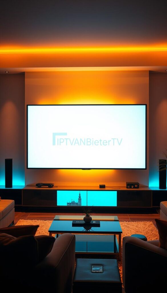 A high-resolution, photorealistic image of a living room interior with a large, sleek television screen displaying the IPTVANBIETERTV logo. The room is bathed in warm, ambient lighting, creating a cozy and inviting atmosphere. The television is the focal point, surrounded by modern furniture and minimalist decor. The scene conveys a sense of comfort and entertainment, highlighting the IPTV streaming experience in Stuttgart.