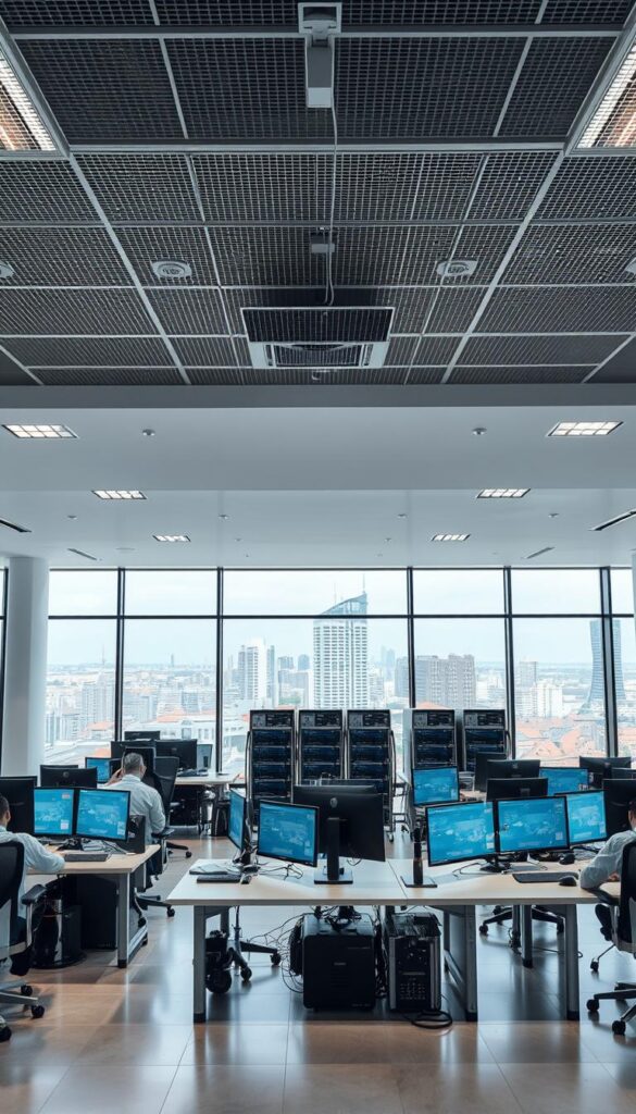 A high-resolution, photorealistic image of a modern, well-equipped IPTV service provider's office in Frankfurt, Germany. The spacious, well-lit interior features a minimalist, contemporary design with clean lines and muted colors. In the foreground, a team of technicians are seated at their desks, intently monitoring and troubleshooting the IPTVANBIETERTV service. The middle ground showcases the company's state-of-the-art server equipment and network infrastructure, conveying the technical expertise and reliability of the provider. The background depicts the vibrant cityscape of Frankfurt through large windows, highlighting the provider's central location and accessibility. The overall atmosphere is professional, efficient, and reassuring, reflecting the legal and trustworthy nature of the IPTV service.