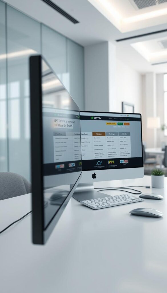 A high-resolution, photorealistic image of an IPTV price comparison website on a modern desktop computer screen. The screen displays the homepage of IPTVANBIETERTV.com, showing a clean, minimalist design with clear pricing information, package options, and feature comparisons. The foreground includes the computer screen with the website, while the middle ground features a sleek, silver desktop computer with a keyboard and mouse. The background depicts a modern, well-lit office setting with neutral colors and minimalist decor, conveying a professional, tech-savvy atmosphere. The lighting is bright and evenly distributed, creating a crisp, sharp image. The overall scene should feel cohesive and visually appealing, effectively illustrating the subject of IPTV pricing and package options.