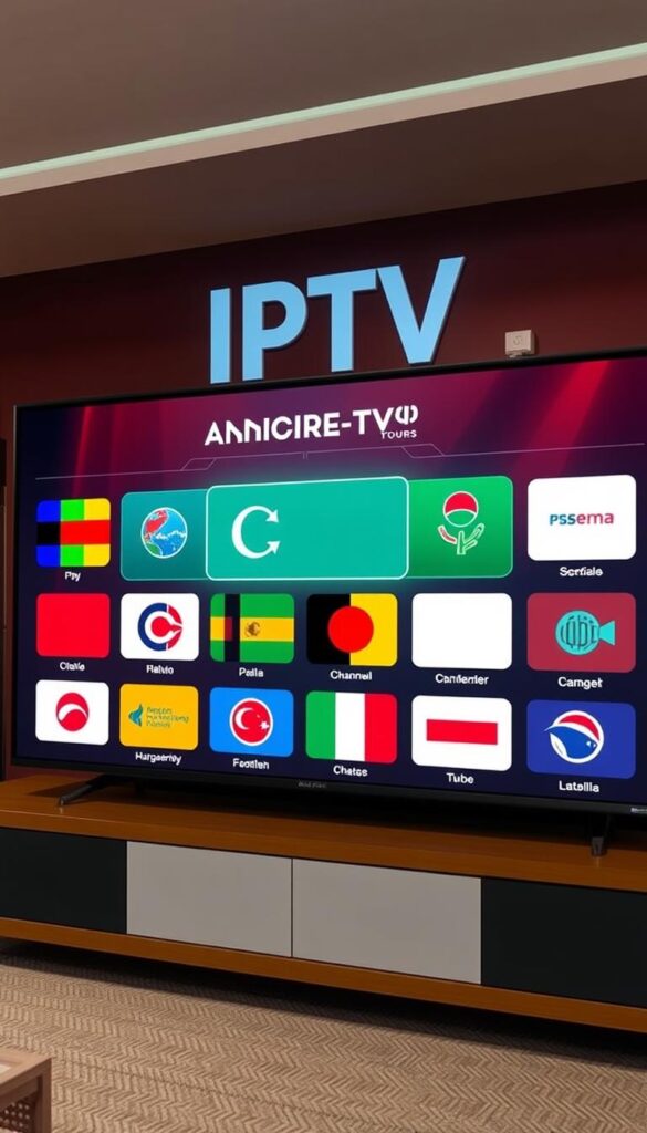 A high-resolution, photorealistic image of an IPTV service called "IPTVANBIETERTV" displaying a comprehensive channel list for "IPTV-Deutschland". The image should have a clean, modern design with a sleek user interface showcasing a wide variety of international TV channels available through the service. The channels should be organized neatly in a grid or list layout, with clear icons or logos to represent the different content types and nationalities. The overall atmosphere should convey a sense of global entertainment and connectivity, with a vibrant and visually appealing aesthetic that aligns with the article's subject matter.
