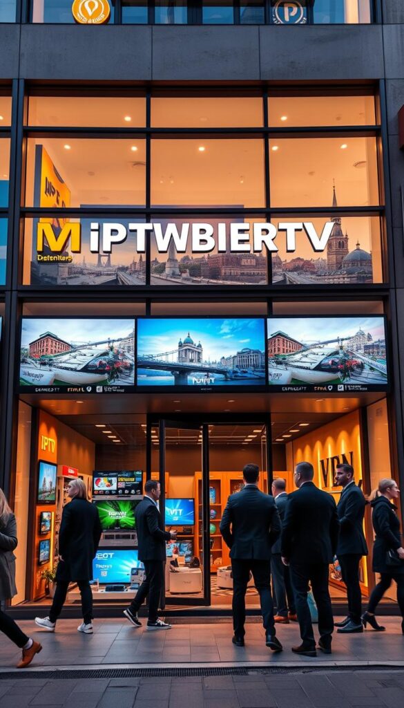 A high-resolution, photorealistic image of an IPTVANBIETERTV storefront in a bustling German city. The facade features sleek, modern architecture with floor-to-ceiling windows showcasing a variety of digital screens and signage. The storefront is well-lit, with warm, inviting lighting that creates a pleasant atmosphere. In the foreground, a group of smartly dressed customers are entering the store, while passersby can be seen on the sidewalk outside. The middle ground depicts the store's interior, showcasing a range of IPTV packages and devices on display. The background features a cityscape with iconic German landmarks, conveying a sense of the service's nationwide availability. The overall scene exudes professionalism, reliability, and a commitment to serving the needs of the German hospitality industry.