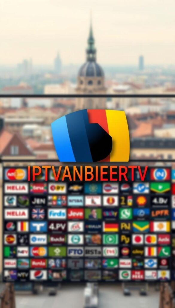 A high-resolution, photorealistic image of the "IPTVANBIETERTV" brand logo prominently displayed in the foreground, with a backdrop of various German television channel logos, icons, and graphics. The logo should be rendered with a sleek, modern design in a bold, impactful color scheme that commands attention. The middle ground should feature a grid or array of German IPTV channel logos, neatly organized and evenly spaced, conveying a sense of the comprehensive range of content available. The background should depict a subtly blurred cityscape of German architecture, evoking a sense of the local market and audience. The lighting should be soft and even, creating a professional, high-quality appearance. The overall composition should be well-balanced, with a clear hierarchy of elements that guides the viewer's eye towards the IPTVANBIETERTV brand.