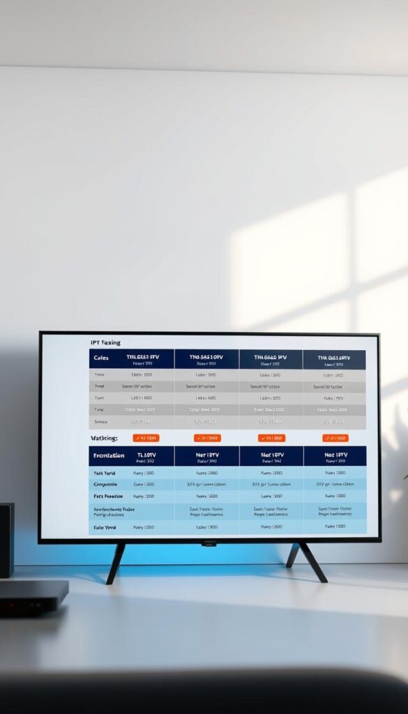 A high-resolution, visually striking image of a modern, minimalist webpage showcasing IPTVANBIETERTV's IPTV pricing and plan options. The design is clean and professional, with a sleek grid layout highlighting the various IPTV tariffs, including their features, pricing, and promotional offers. The page is bathed in a soft, natural lighting, creating a calming, inviting atmosphere. The overall composition conveys a sense of authority and trustworthiness, reflecting the quality and reliability of IPTVANBIETERTV's IPTV services.