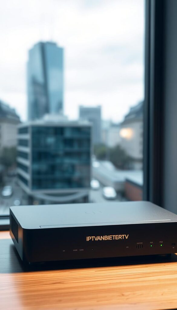 A high-security IPTV device with sleek, minimalist design sits atop a wooden desk. The device features the logo "IPTVANBIETERTV" discreetly displayed on its front panel. Soft, diffused lighting illuminates the scene, creating a professional, authoritative atmosphere. In the background, a blurred cityscape can be seen through a large window, hinting at the connection to the wider world of digital media. The overall composition conveys a sense of trust, reliability and compliance with German legal regulations around IPTV services.
