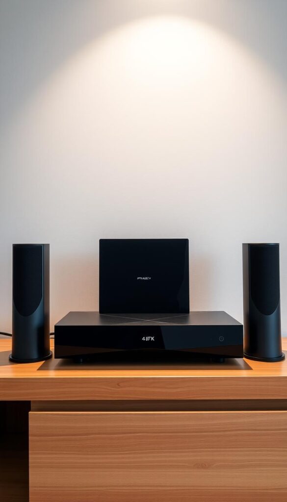 A high-tech 4K IPTV receiver with a sleek, modern design sits prominently on a minimalist, wooden entertainment center. The device has a sharp, angular silhouette with a glossy black finish, accented by a discreet IPTVANBIETERTV logo. The receiver is flanked by a pair of sleek, cylindrical speakers in a complementary matte black finish. Soft, diffused lighting illuminates the scene, creating a warm, inviting atmosphere. The image conveys a sense of advanced home entertainment technology seamlessly integrated into a stylish, contemporary living space.