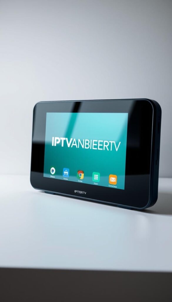 A high-tech Android device displaying the IPTVANBIETERTV brand, showcasing its sleek and modern design. The device is set against a minimalist background, with subtle lighting that highlights its clean lines and premium finish. The image conveys a sense of advanced technology and functionality, perfectly suited for delivering IPTV services to German households. The device is presented in a way that captures the attention of the viewer, emphasizing its compatibility and suitability for the IPTV Deutschland Android market.