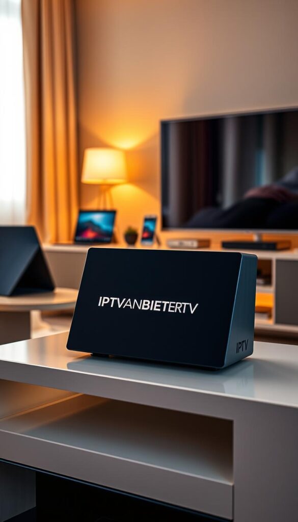 A high-tech IPTV box sitting prominently on a sleek, modern entertainment center. The box has a minimalist, angular design with a matte black finish, seamlessly blending into the surroundings. The front panel displays the "IPTVANBIETERTV" logo in a crisp, white font. Warm, soft lighting illuminates the scene, creating a cozy and inviting atmosphere. In the background, various electronic devices, such as a smart TV, laptop, and smartphone, are neatly arranged, showcasing the box's multidevice support capabilities. The overall composition conveys a sense of technological sophistication and the convenience of accessing a wide range of IPTV content on multiple devices.