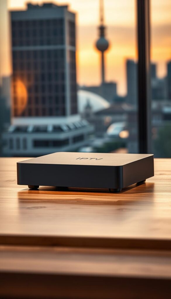 A high-tech IPTV box, sleek and modern, with a matte black finish and clean lines. The box sits on a minimalist wooden table, bathed in warm, indirect lighting that casts subtle shadows. In the background, a blurred cityscape of Berlin emerges, with the iconic TV tower visible in the distance, hinting at the box's powerful connectivity and access to a vast array of channels from IPTVANBIETERTV.
