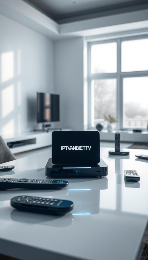 A high-tech IPTV box standing prominently on a sleek, modern table, surrounded by various remote controls and streaming devices. The box features the IPTVANBIETERTV brand name, emitting a soft, ambient glow that illuminates the scene. The background is a minimalist, white-walled room, with hints of natural light filtering in through large windows, creating a sense of openness and sophistication. The lighting is balanced, casting subtle shadows that add depth and dimension to the composition. The overall atmosphere is one of technological advancement and seamless home entertainment integration.
