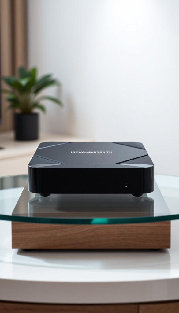 A high-tech IPTV box with a sleek, modern design, sitting atop a minimalist glass or wooden surface. The box features the IPTVANBIETERTV brand name prominently displayed on the front panel. The device is surrounded by a clean, well-lit environment, with soft, diffused lighting illuminating the scene. The camera angle is slightly elevated, providing a balanced, professional perspective. The overall mood is one of sophistication and technological innovation, reflecting the advantages of an IPTV box over other streaming solutions.