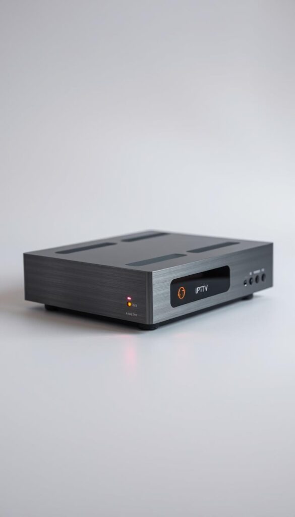 A high-tech IPTV receiver against a sleek, minimalist backdrop. The device is captured in exquisite detail, its brushed metal chassis gleaming under carefully positioned studio lighting. Vibrant indicator lights blink and flicker, signaling its readiness to deliver a seamless IPTVANBIETERTV streaming experience. The composition emphasizes the receiver's modern, sophisticated design, hinting at the cutting-edge technology it houses. The setting is clean, uncluttered, allowing the product to take center stage and convey a sense of precision and performance.