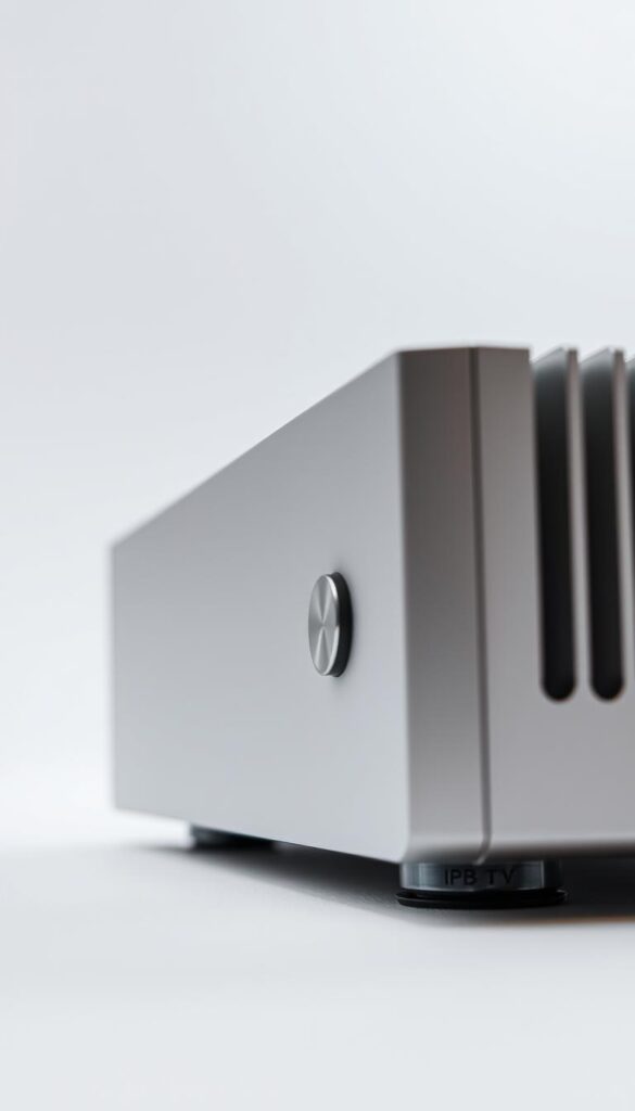 A high-tech IPTV receiver designed for comprehensive compatibility testing, showcasing a sleek, minimalist silver chassis with clean lines and a modern aesthetic. The device is captured from a low, slightly elevated angle, creating a sense of authority and technological prowess. Bright, directional lighting illuminates the receiver's premium materials and precise engineering, while a shallow depth of field highlights the device's key features. The background is a neutral, subtly textured studio setting, allowing the IPTVANBIETERTV receiver to take center stage and convey its reliability and versatility for diverse IPTV applications.